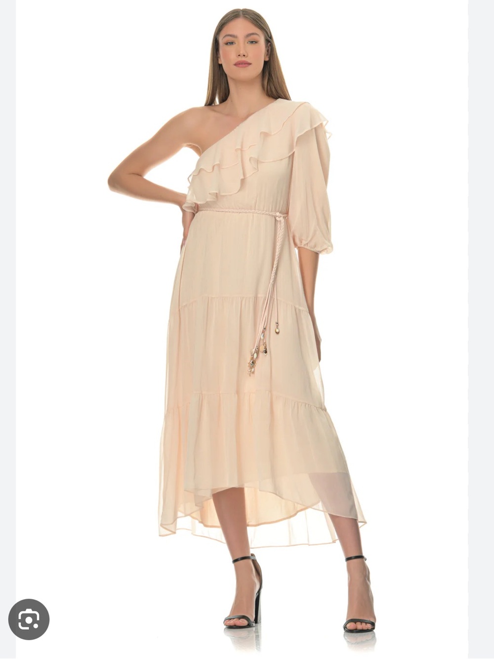NWT Maje One-Shoulder Ruffled Georgette Dress in Pale Peach